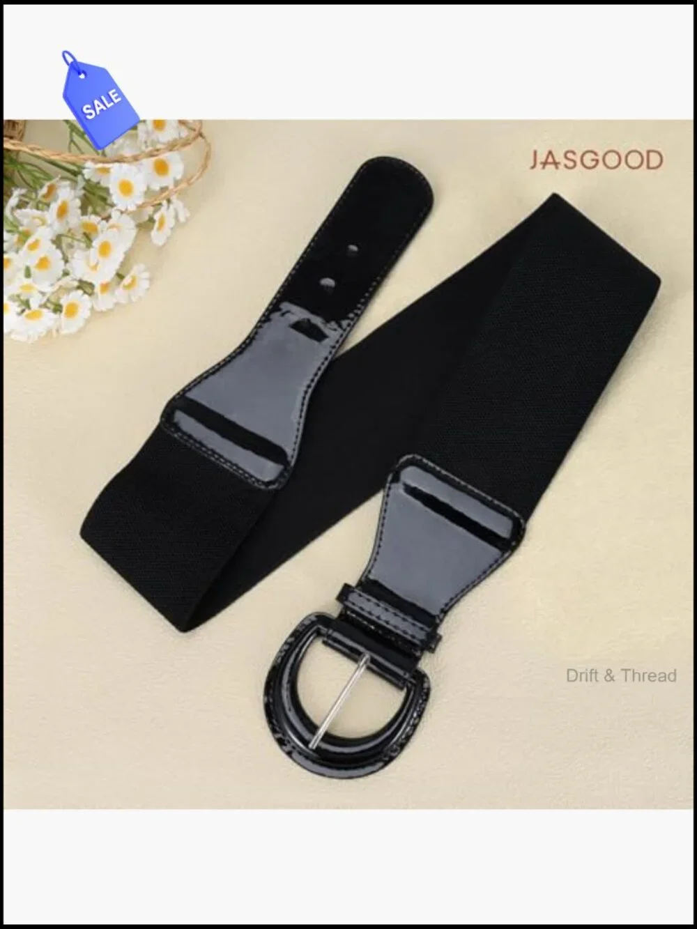 Wide Elastic Stretch Belt Vintage Chunky Buckle Patent Leather Waist Belt for